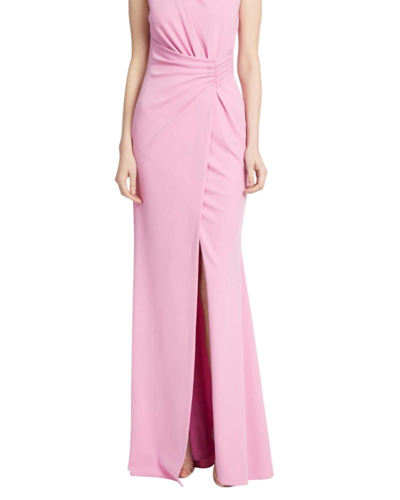 Front of a model wearing a size 10 Draped Waist Gown In Bright Rose in Bright Rose by Badgley Mischka. | dia_product_style_image_id:346375